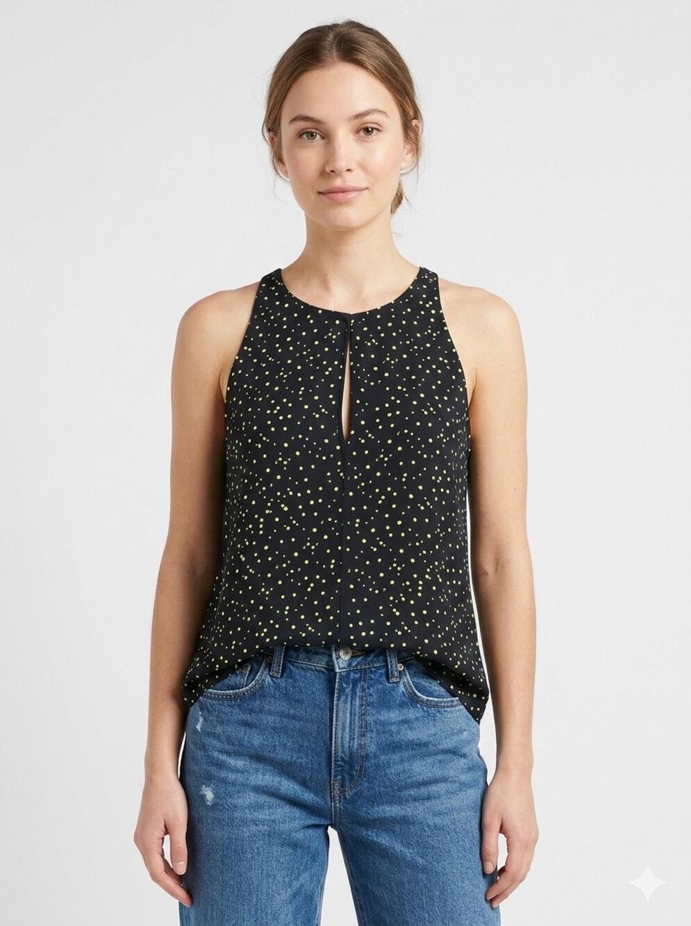A.L.C. Sleeveless Blouse 100% Silk Black & Green Polka Dot Print size Medium